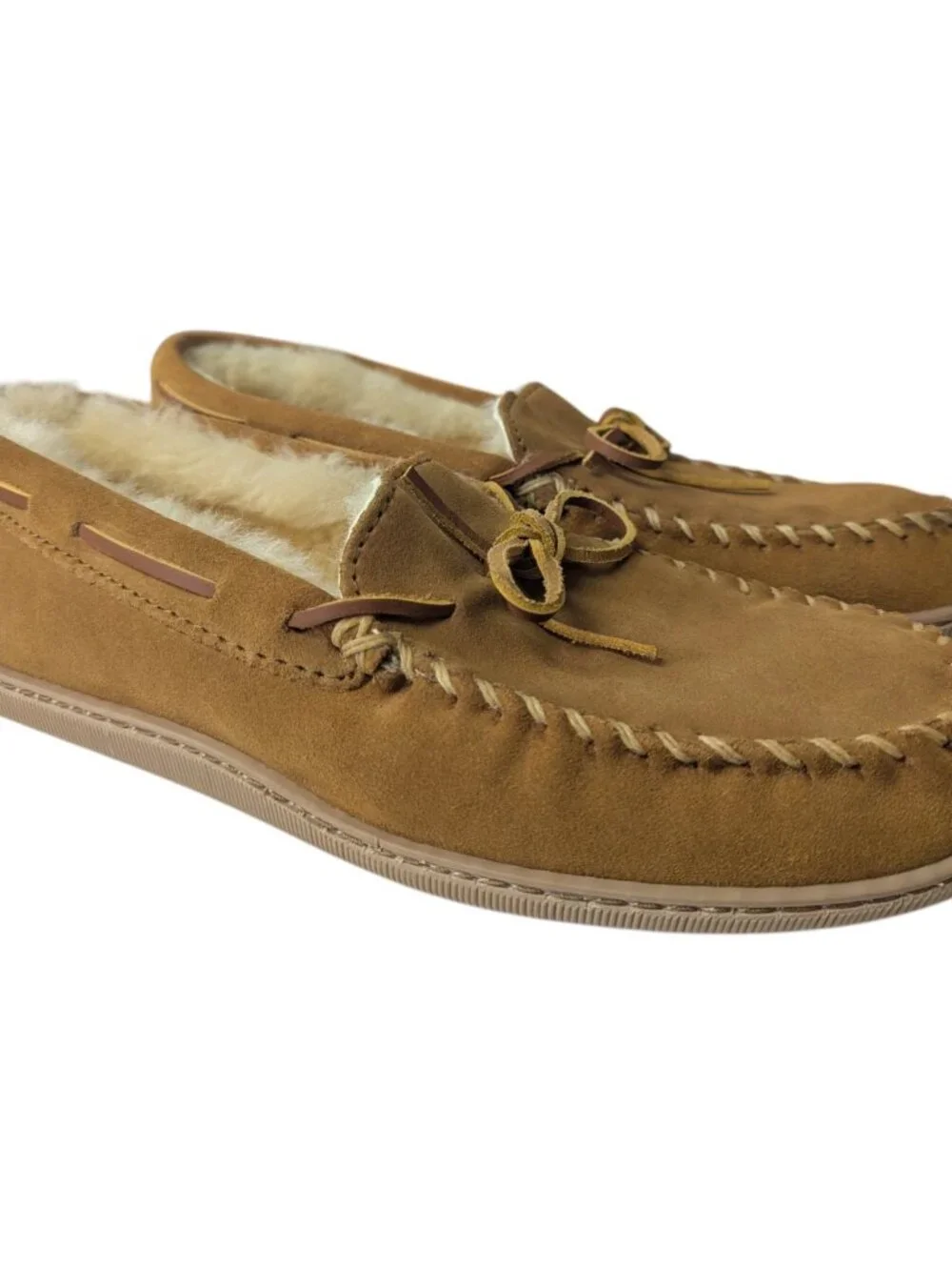 Minnetonka 3741W Moccasin Sheepskin Hardsole Mocs for Men Golden Tan Size 12